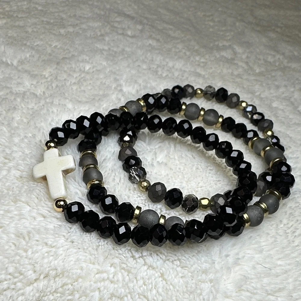 Beaded Bracelet Set of 3 w/Cross Charm on Black & Mirrored Grey & Gold Tone NWOT